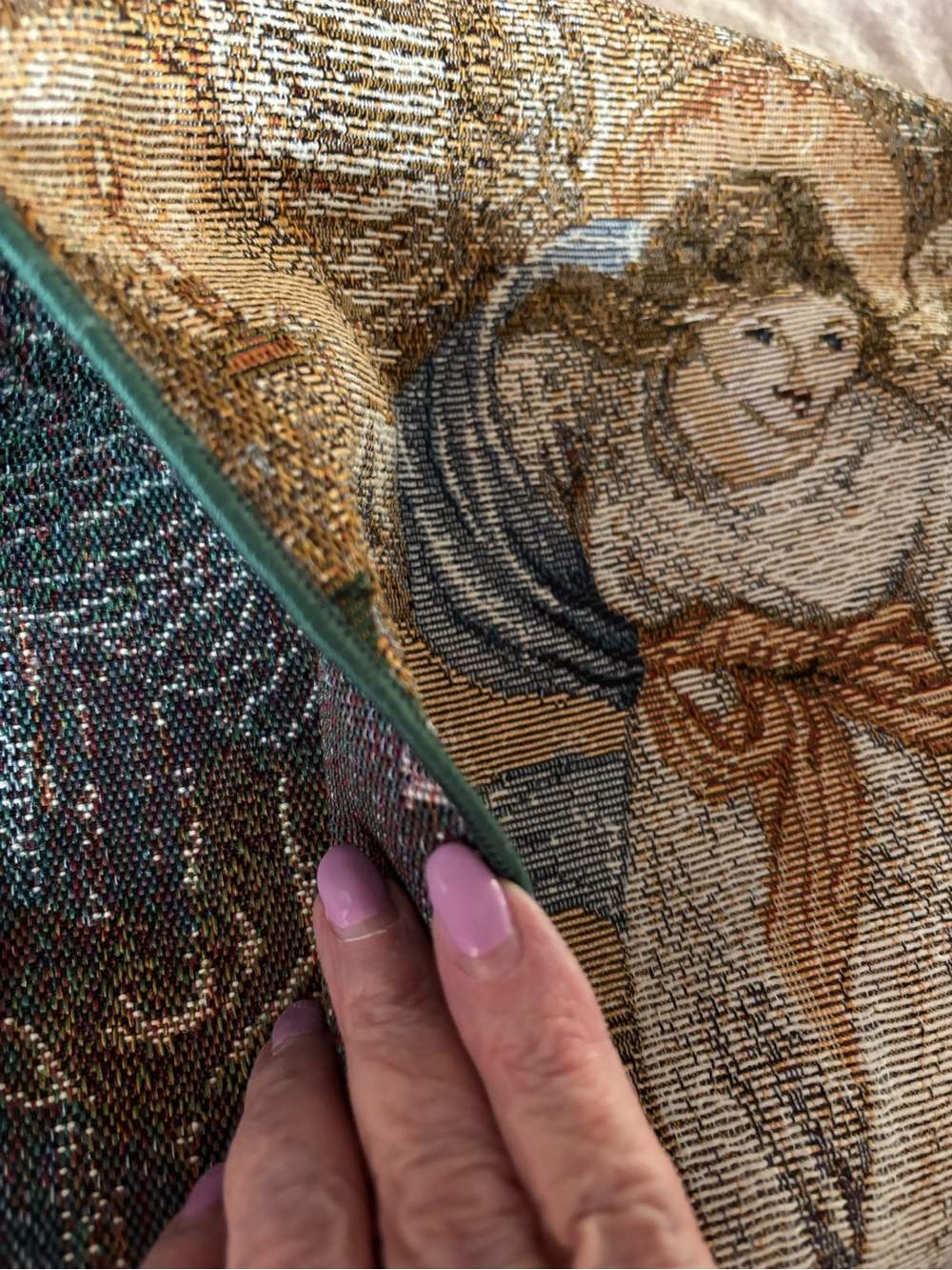 Decorative Vintage “ANGELS” Tapestry Table Runner in Gold and Green